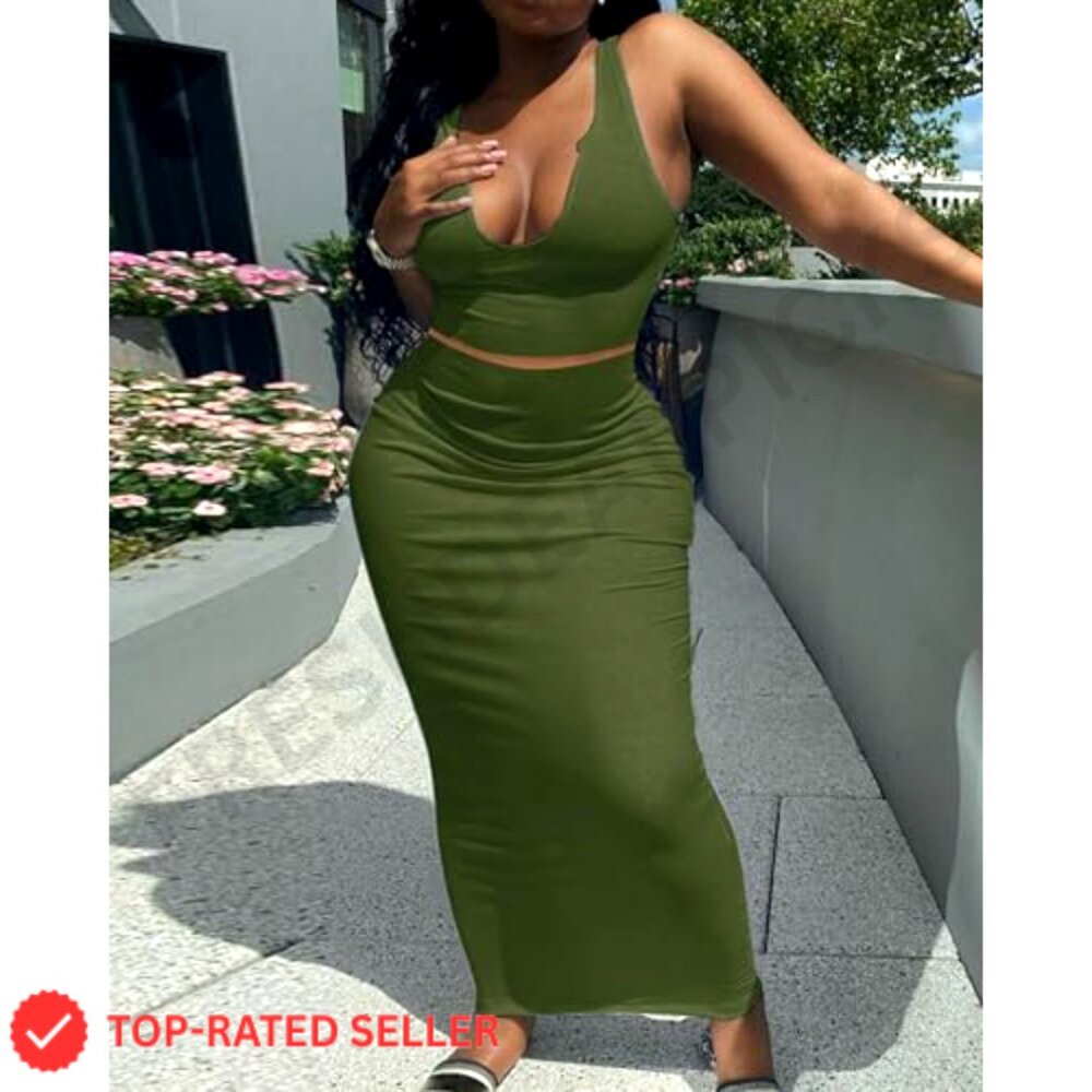 2 Piece Ribbed Knit Bodycon Maxi Dress Long Sleeve V Neck Club Wear - Picture 2 of 7